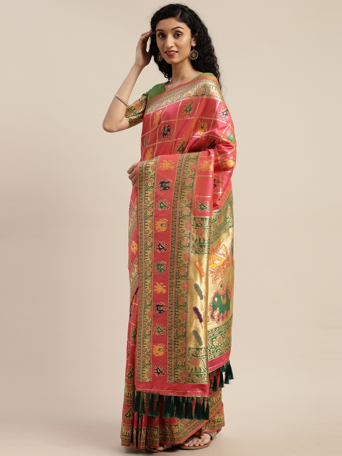 

Om Shantam Sarees Pink & Golden Silk Blend Woven Design Patola Saree