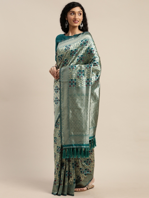 

Om Shantam Sarees Teal Blue & Golden Silk Blend Woven Design Banarasi Saree