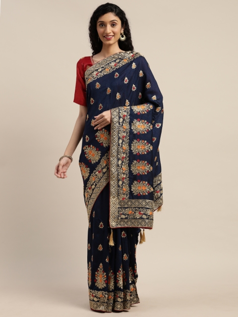 

Om Shantam Sarees Navy Blue & Gold-Toned Silk Blend Embroidered Saree
