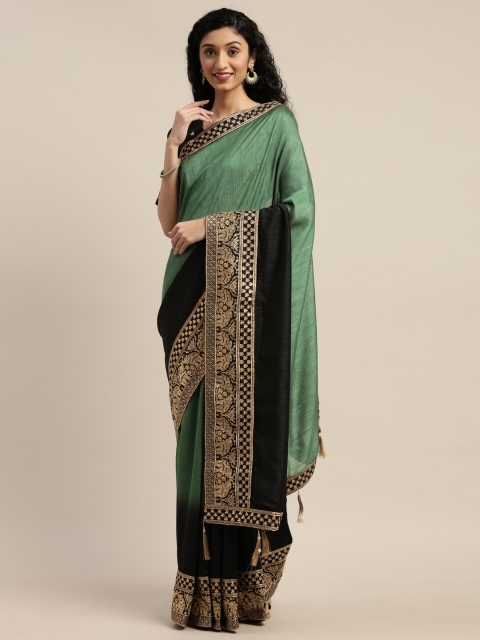 

Om Shantam Sarees Green & Black Silk Blend Colourblocked Saree