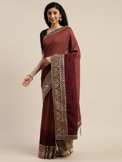 

Om Shantam Sarees Brown & Gold-Toned Silk Blend Solid Saree