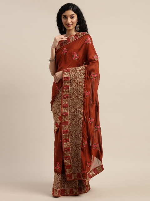 

Om Shantam Sarees Rust Orange Embroidered Poly Crepe Saree