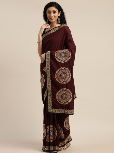 

Om Shantam Sarees Maroon & Gold-Toned Silk Blend Embellished Saree