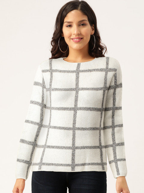 

Madame Women White & Black Checked Pullover Sweater