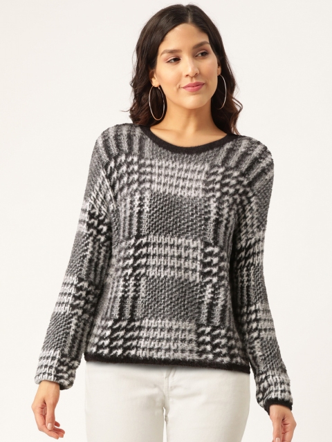 

Madame Women Black & White Fuzzy Houndstooth Pullover Sweater