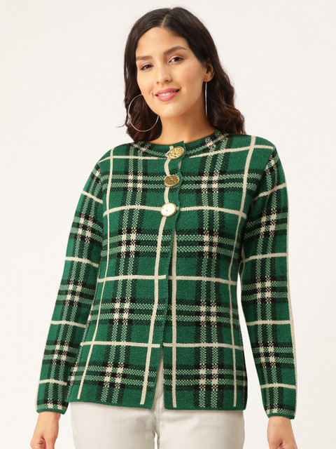 

Madame Women Green & Black Checked Cardigan Sweater