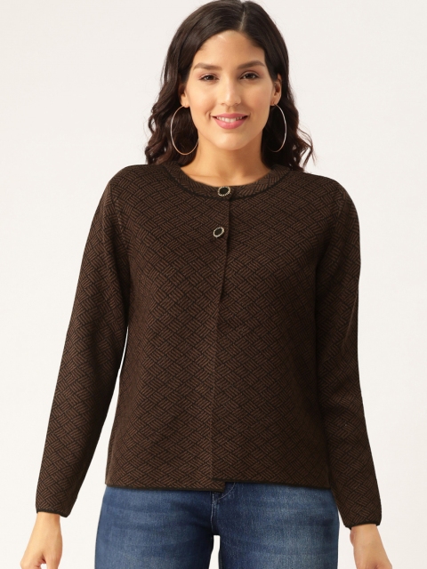 

Madame Women Brown & Black Self Design Cardigan Sweater