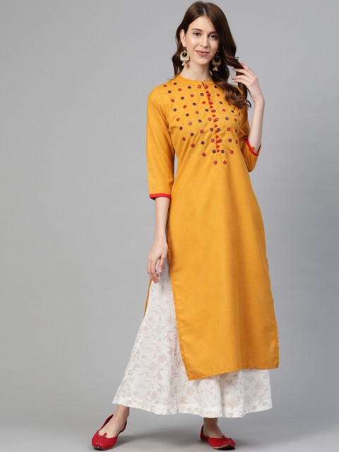 

Ginni Arora Label Women Mustard Yellow Yoke Design Straight Kurta