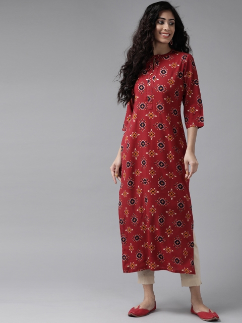 

Ginni Arora Label Women Maroon & Golden Ethnic Motifs Printed Keyhole Neck Kurta