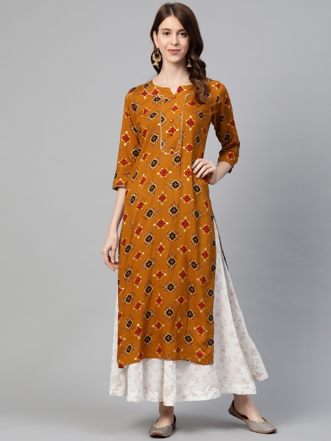 

Ginni Arora Label Women Mustard Yellow & Navy Blue Geometric Printed Straight Kurta