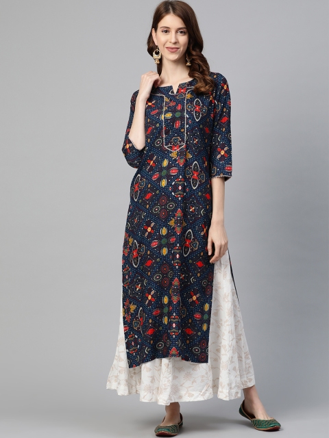 

Ginni Arora Label Women Navy Blue & Red Foil Print Straight Kurta