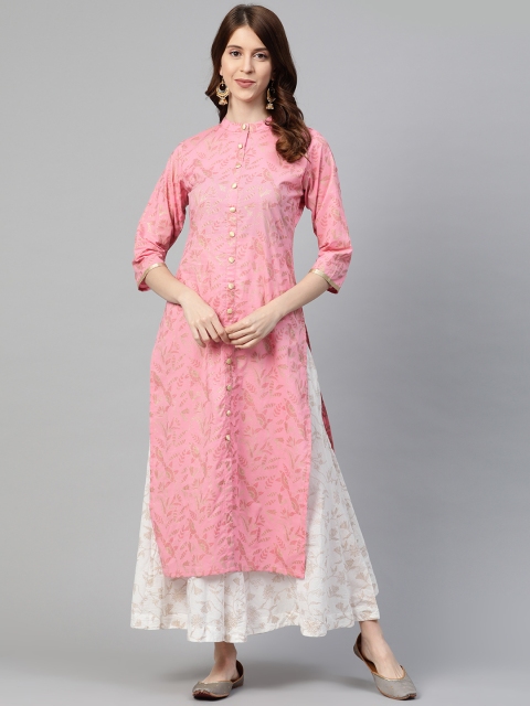 

Ginni Arora Label Women Pink & Golden Floral Printed Straight Kurta