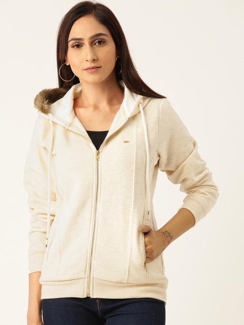 

Duke Women Off-White & Grey Melange Solid Hooded Sweatshirt