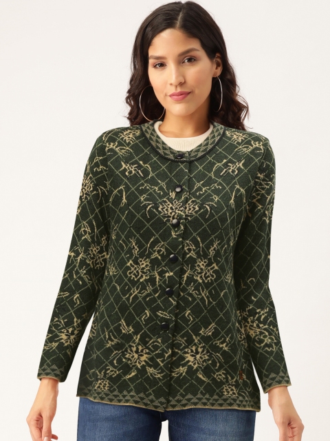 

Duke Women Olive Green & Beige Ethnic Self Design Cardigan Sweater