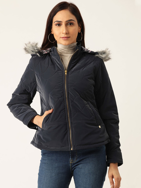 

Duke Women Navy Blue Sheen Effect Quilted Parka Jacket with Detachable Hood
