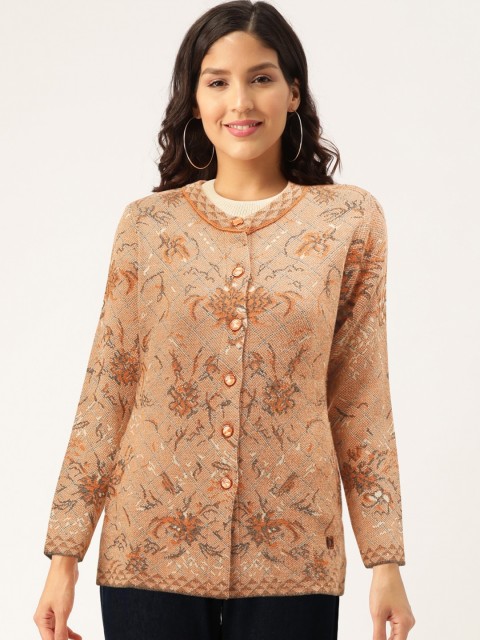 

Duke Women Coral Orange & Grey Floral Self Design Cardigan