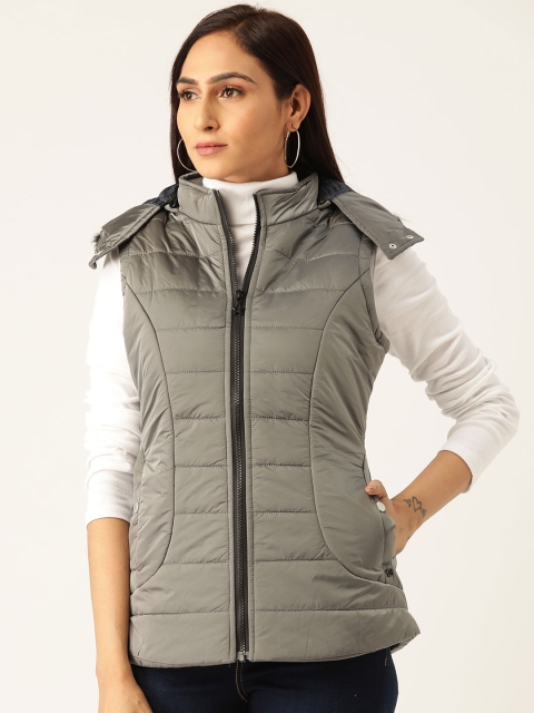 

Duke Women Grey Solid Sheen Effect Parka Jacket with Detachable Hood