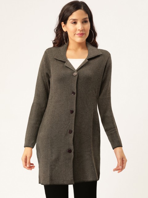 

American Eye Women Charcoal Grey Self Design Longline Cardigan