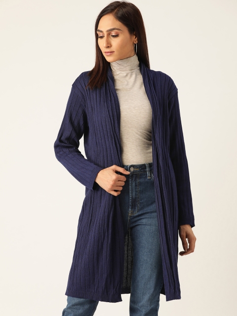

American Eye Women Navy Blue Striped Front-Open Longline Sweater
