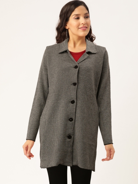 

American Eye Women Grey Melange & Black Self Design Longline Cardigan