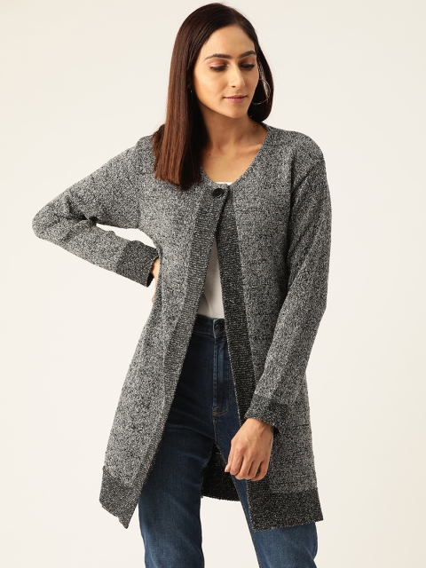 

American Eye Women Grey & Black Self Design Front-Open Longline Sweater