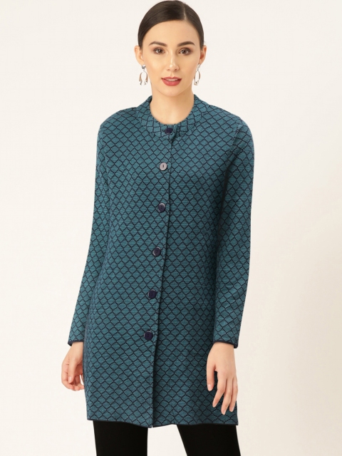

American Eye Women Blue Self Design Longline Cardigan