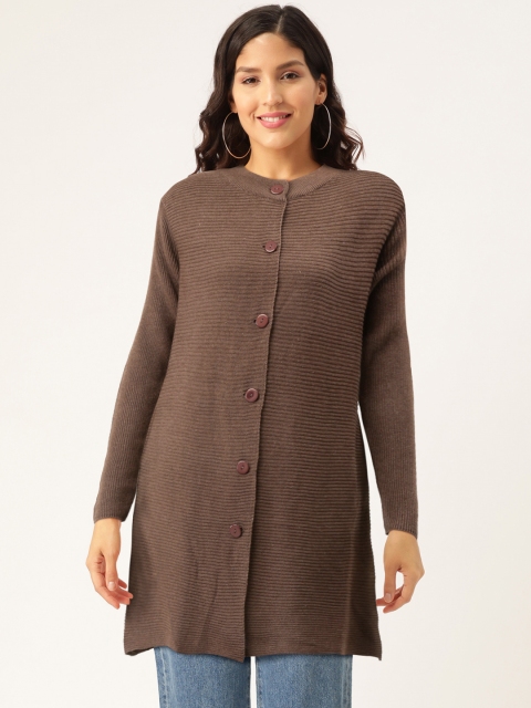 

American Eye Women Brown Ribbed Longline Cardigan