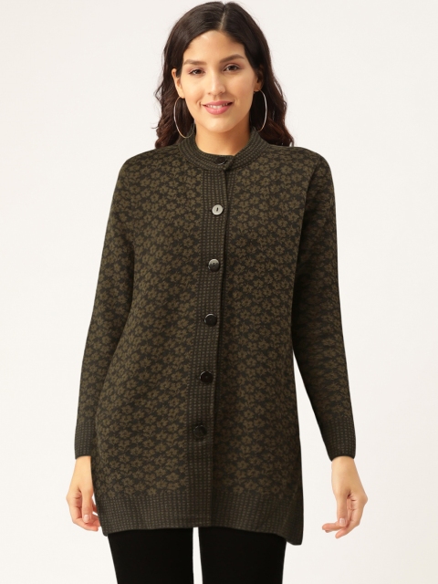 

American Eye Women Olive Green & Black Self Design Longline Cardigan