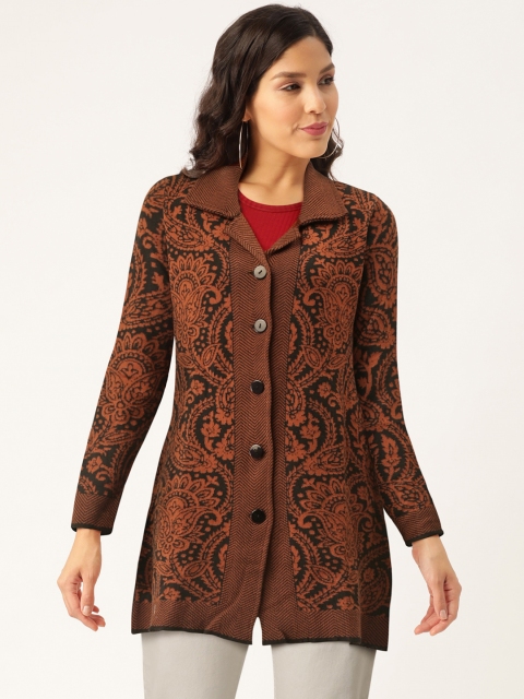 

American Eye Women Rust Orange & Black Self Design Cardigan