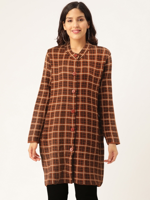 

American Eye Women Rust Brown & Off-White Checked Longline Cardigan