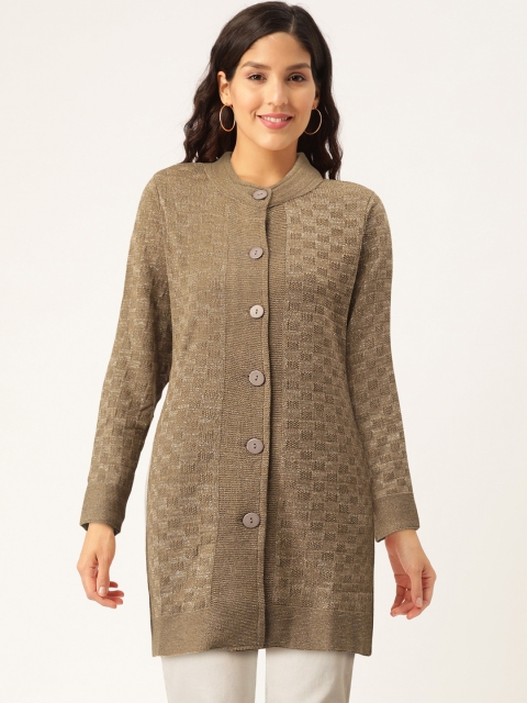 

American Eye Women Beige Self Design Longline Cardigan
