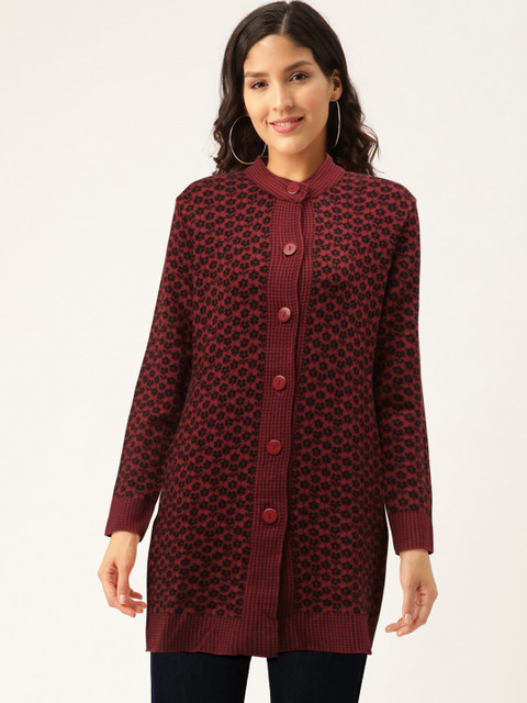 

American Eye Women Maroon & Black Floral Woven Design Longline Cardigan
