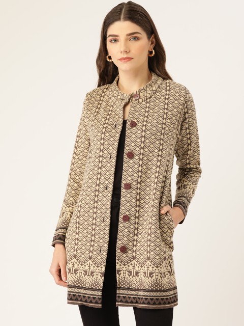 

American Eye Women Beige & Coffee Brown Geometric Self Design Longline Cardigan