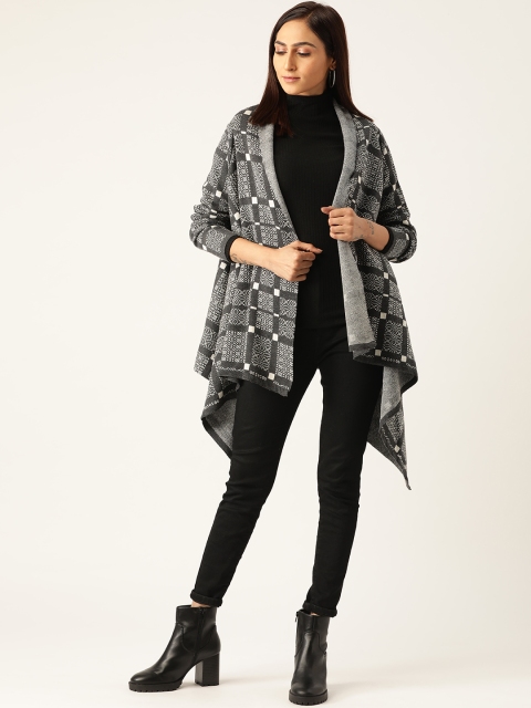 

American Eye Women Charcoal Grey & White Checked Front-Open Longline Sweater