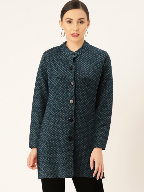 

American Eye Women Navy Blue & Green Self Design Longline Cardigan