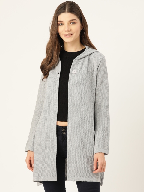 

American Eye Women Grey Self Design Hooded Front-Open Sweater