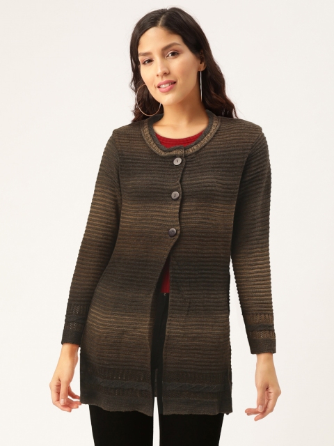

American Eye Women Grey & Beige Striped Cardigan Longline Sweater