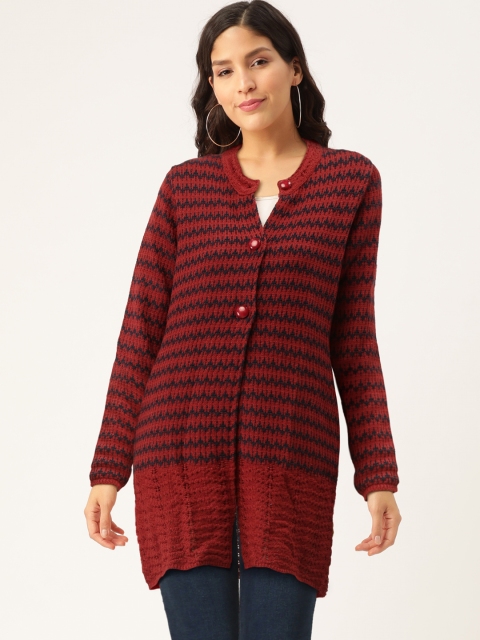 

American Eye Women Maroon & Navy Blue Striped Cardigan