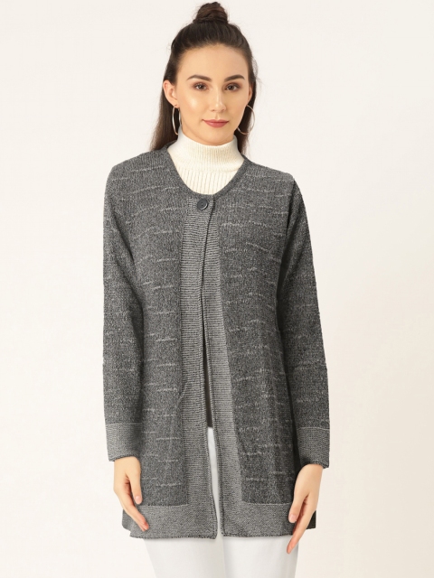 

American Eye Women Charcoal Grey Self Design Longline Front-Open Cardigan