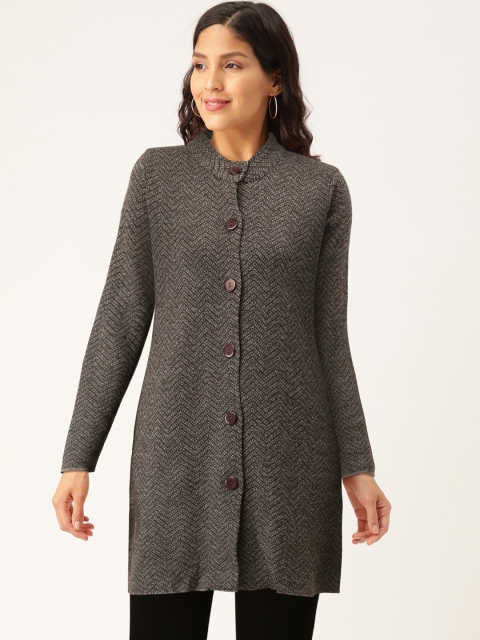 

American Eye Women Charcoal Grey Chevron Patterned Longline Cardigan