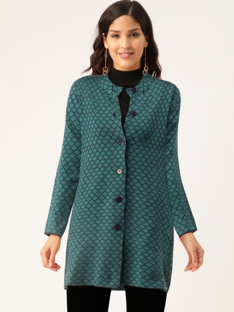 

American Eye Women Blue Geometric Self Design Longline Cardigan