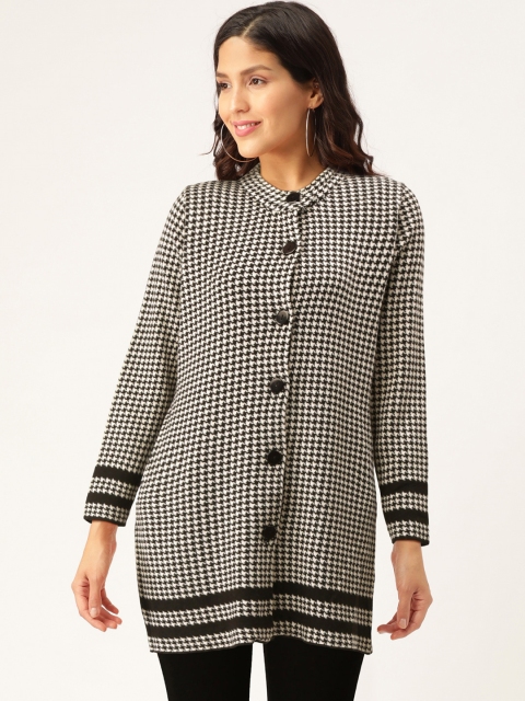 

American Eye Women Black & White Houndstooth Longline Cardigan