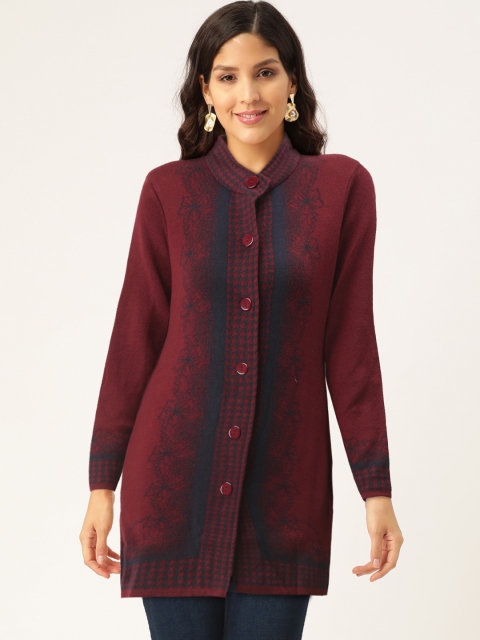 

American Eye Women Maroon & Navy Blue Self Design Longline Cardigan