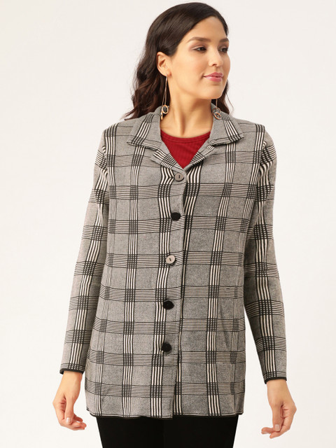 

American Eye Women Black & White Checked Longline Cardigan