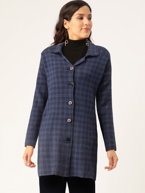 

American Eye Women Navy Blue Checked Self Design Longline Cardigan