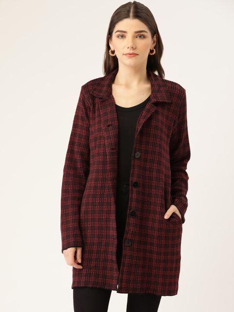 

American Eye Women Maroon & Black Checked Longline Cardigan Sweater