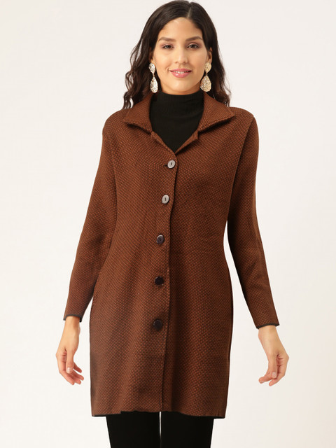 

American Eye Women Mustard Brown & Black Self Design Cardigan
