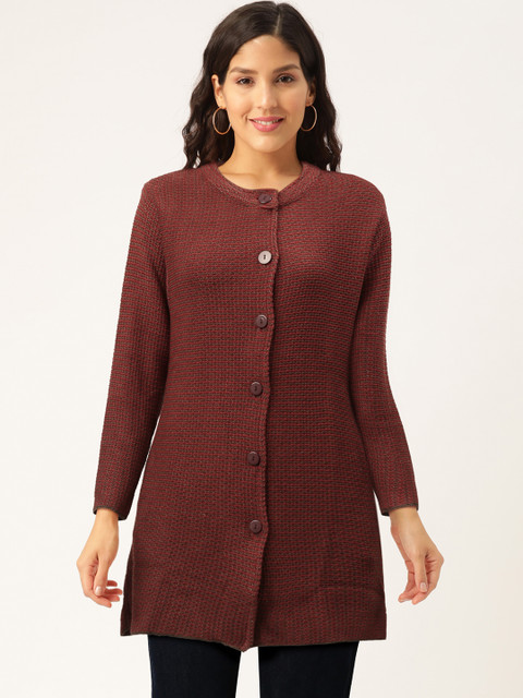 

American Eye Women Maroon & Brown Striped Longline Cardigan