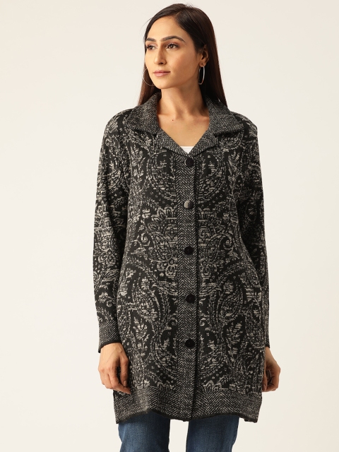

American Eye Women Black & Off-White Self Design Longline Cardigan Sweater