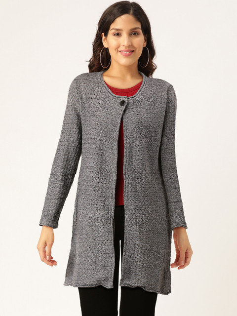 

American Eye Women Charcoal Grey Open Knit Front-Open Longline Sweater